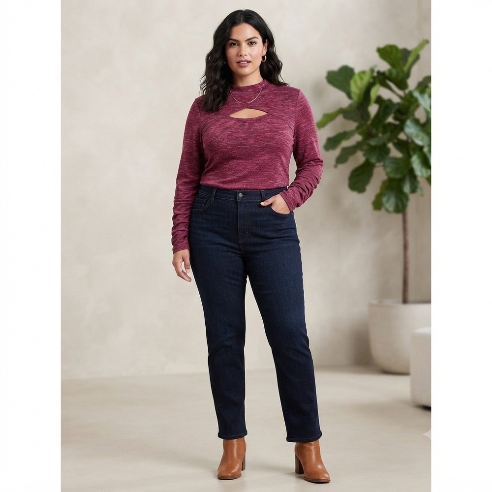 Maurices Cutout Top Wms XL Berry Space Dye Ruched Sleeve Mock Neck Casual Edgy